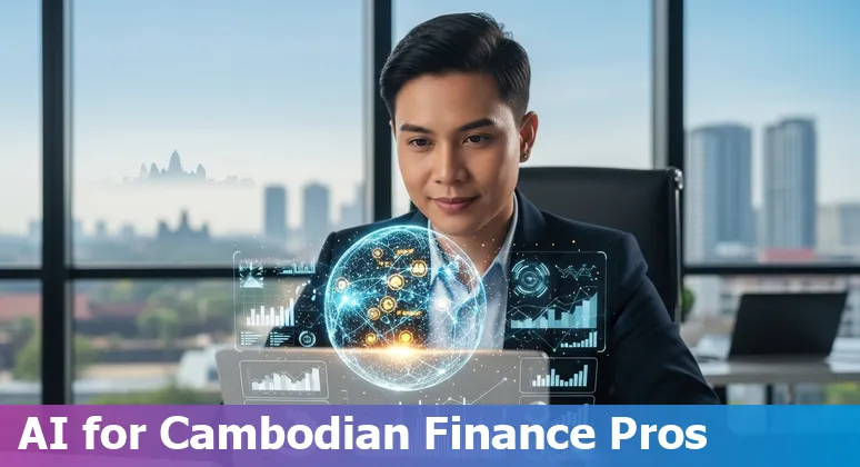 Finance professional reviewing AI dashboard on laptop in an office in Cambodia, 2025