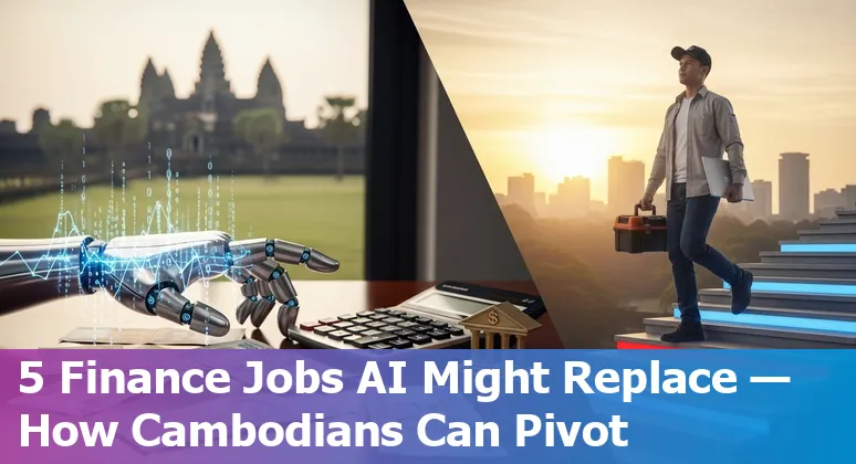 Cambodian bank teller using mobile banking while a chatbot icon and training materials symbolize AI adaptation in financial services