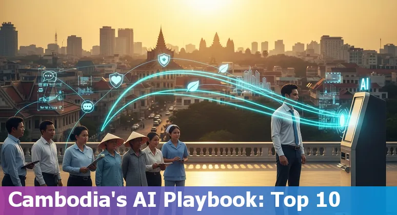 Illustration of AI assisting Cambodian government services: Khmer chatbot, health surveillance, traffic management, and farmers receiving mobile advice
