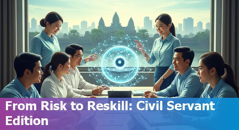 Cambodian civil servants training on digital skills with AI icons overlay
