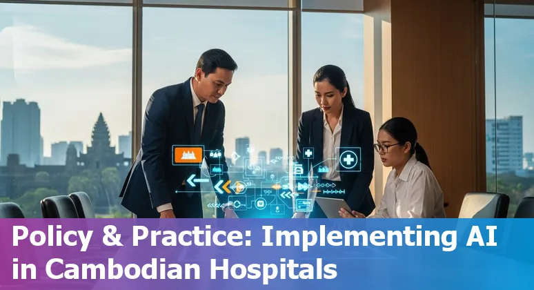 Illustration of AI in Cambodia healthcare 2025: Cambodian clinicians using AI tools in a hospital setting