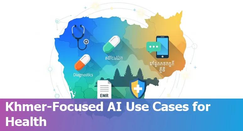 Medical staff in Cambodia using AI tools for diagnostics and telemedicine on tablets and mobile devices.