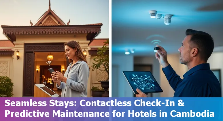 Illustration of AI-enabled hotel services in Cambodia: WhatsApp chat, virtual concierge, mobile check-in, and Khmer cultural landmarks.