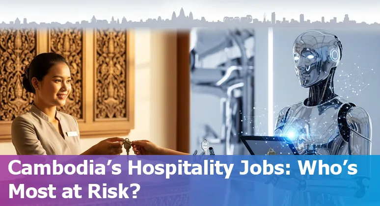 Hotel staff interacting with a self-service kiosk and a cleaning robot in a Cambodian hotel lobby.