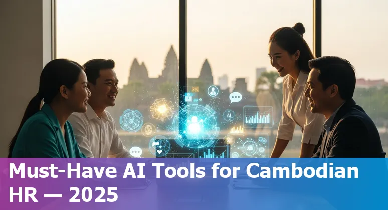 Cambodian HR professional reviewing AI HR tools on a laptop with Cambodia map in background