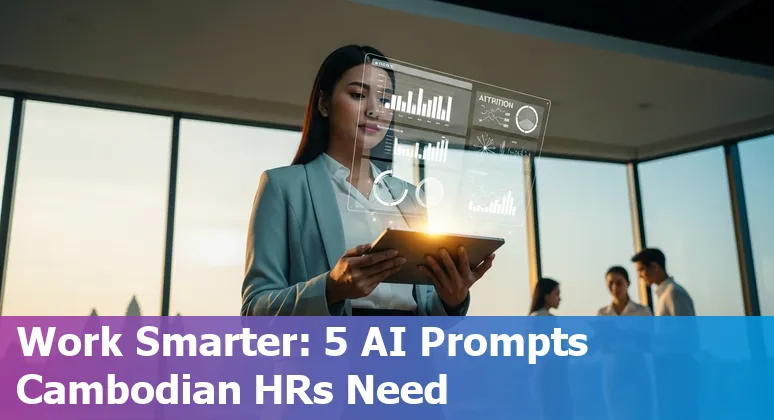 Cambodian HR professional using AI prompts on a laptop with Phnom Penh skyline in the background