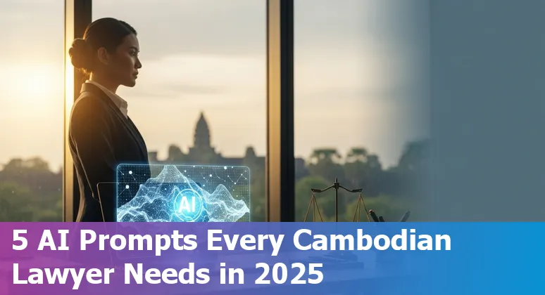Cambodian lawyer using AI on laptop with Khmer text and legal documents on desk