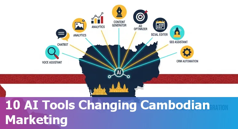 Collage of logos: HubSpot, Mailchimp, Jasper, MarketMuse, SEMrush, Hootsuite, ManyChat, Synthesia, Ahrefs, Grammarly with Cambodian flag background