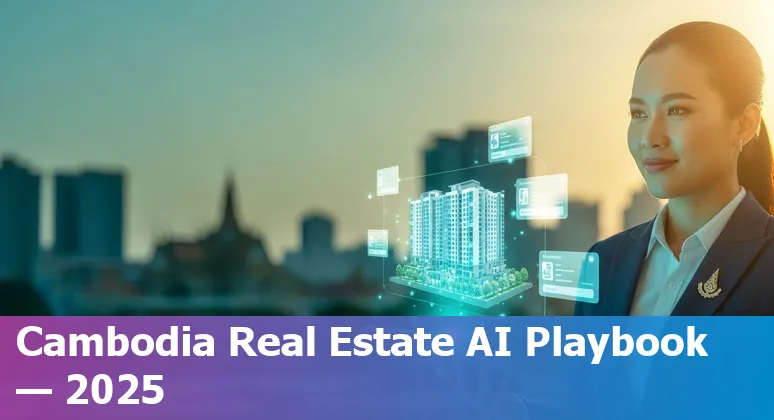 AI tools and virtual property tour in Cambodia real estate office with Khmer-language chatbot
