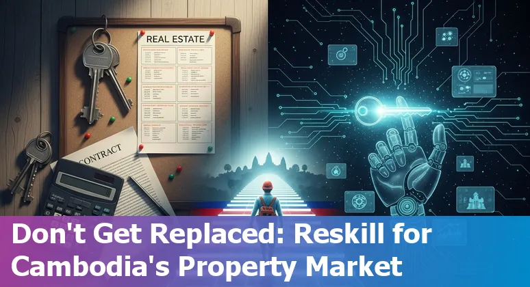 Cambodia real estate agent using AI tools with Phnom Penh skyline in the background