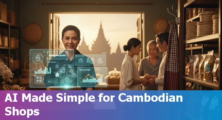 Illustration showing AI in retail in Cambodia 2025 with chatbot, AR try-on, and logistics icons for Cambodia
