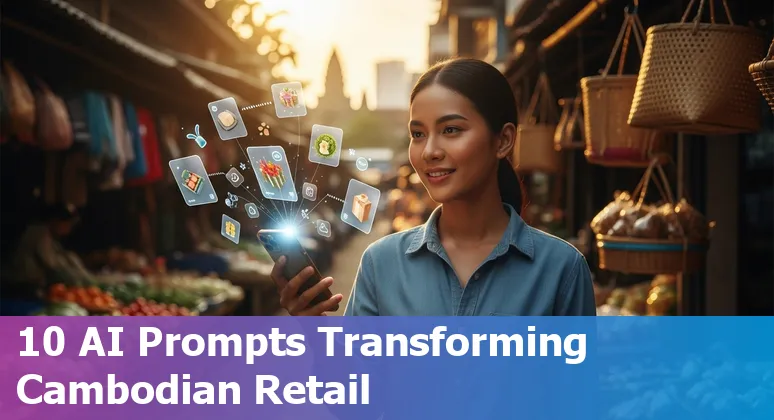 Retail store in Phnom Penh with AI icons showing recommendations, chatbot, forecast, and inventory analytics.