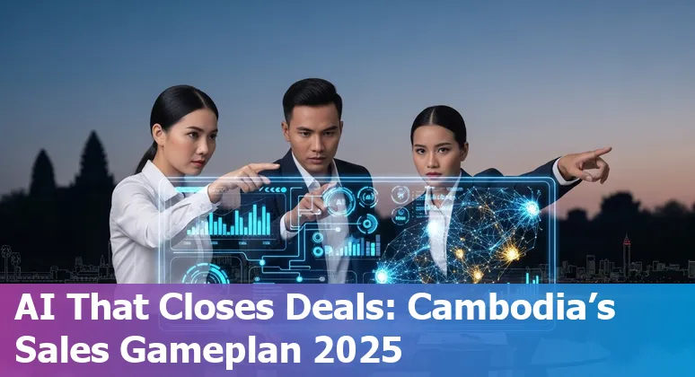 Cambodian sales team using AI sales tools on laptop and smartphone