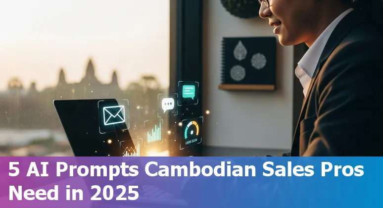 Cambodian sales team using AI prompts on laptop and smartphone, bilingual Khmer-English sales dashboard on screen