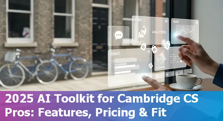 Illustration of customer service professionals in Cambridge using AI chatbots and dashboards