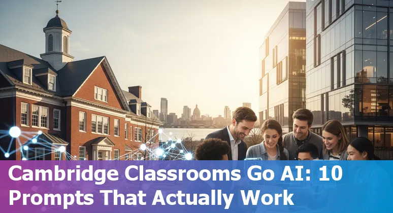 Students and faculty at Cambridge institutions using AI tools: automated TA chatbot on laptop, virtual lab simulation on screen, and accessibility app giving audio descriptions.
