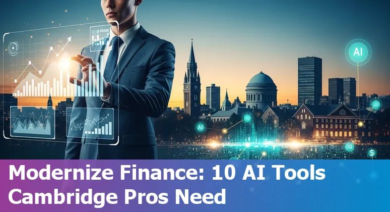 Collage of AI tools logos and Cambridge, Massachusetts skyline with finance icons.