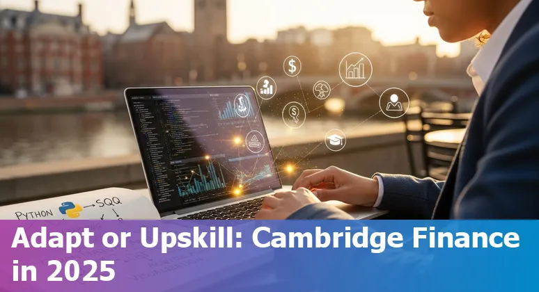 Finance professional using AI tools with Cambridge, Massachusetts skyline in background