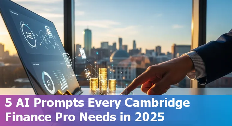 Finance professional in Cambridge using AI prompts on a laptop to generate cash flow reports and board slides in 2025