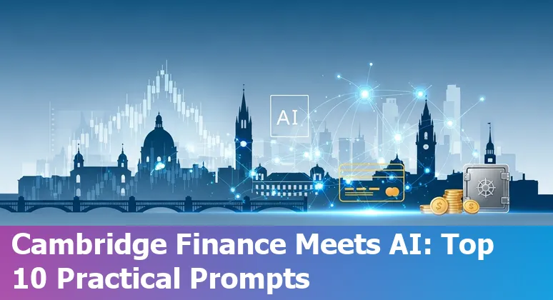 Cambridge skyline with fintech icons: chatbots, graphs, shield for security, and documents representing compliance.