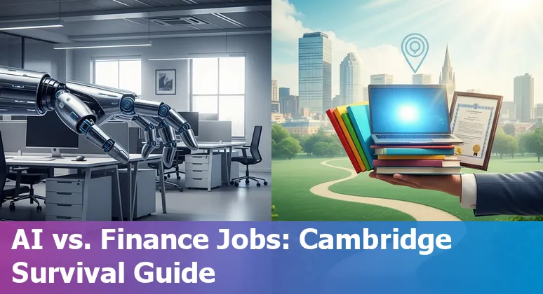 Cambridge skyline with financial icons and AI circuit overlay representing job disruption and reskilling