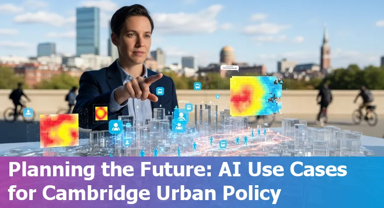 Cambridge City Hall with AI icons representing policy, chatbots, data, maps, and emergency response