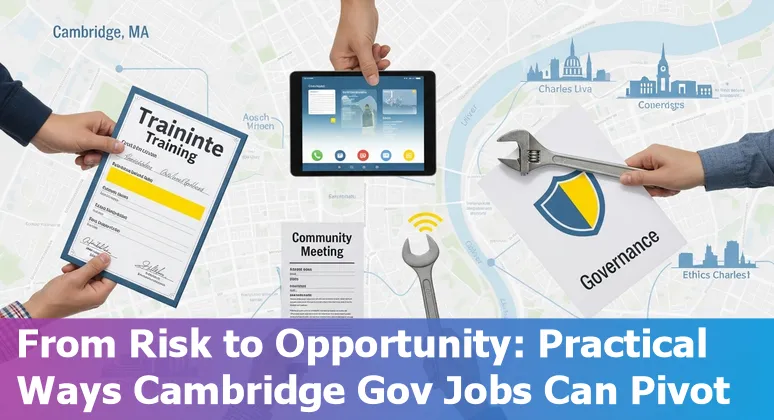 Cambridge Massachusetts city hall with overlaid icons for AI, clipboard, construction helmet, heart, and magnifying glass.