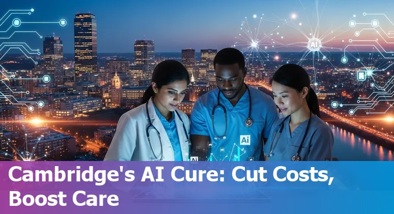 AI-enabled healthcare dashboard showing cost savings for Cambridge, Massachusetts, USA hospitals and biotech companies.