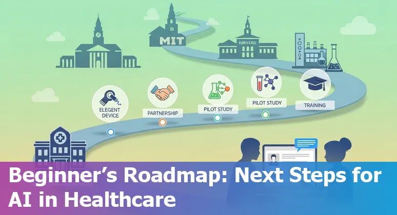 Cambridge MA skyline with healthcare icons representing AI notetaking, diagnostics, remote monitoring, and drug discovery.