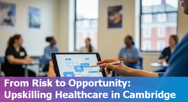 Healthcare worker using AI tools on a tablet in a Cambridge, MA clinic, with skyline in background.