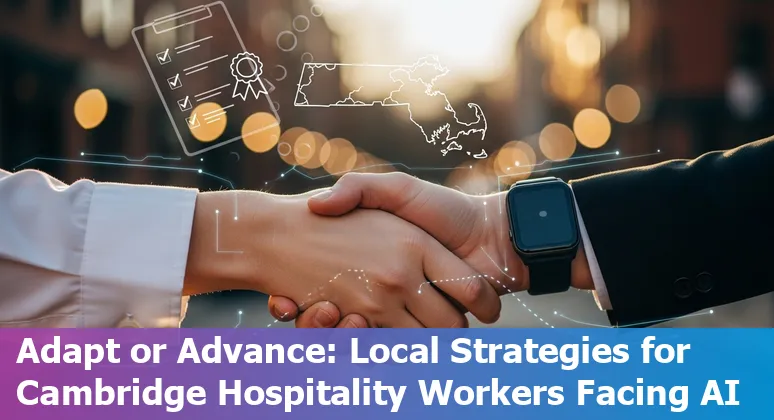 Hotel front desk agent and a chatbot overlay illustrating AI impact on hospitality jobs in Cambridge, MA.
