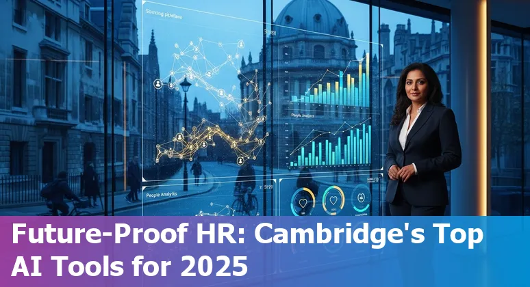 Collage of AI HR tools logos and Cambridge skyline with HR professionals using laptop