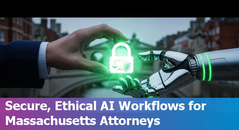 Legal professional in Cambridge, Massachusetts using AI tools on a laptop with legal documents and Cambridge skyline in background