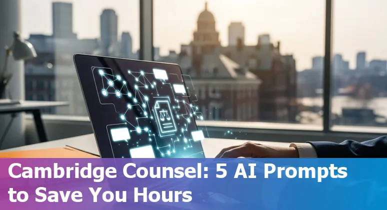 Legal professional using AI prompts in Cambridge office, laptop showing contract redline and research results.
