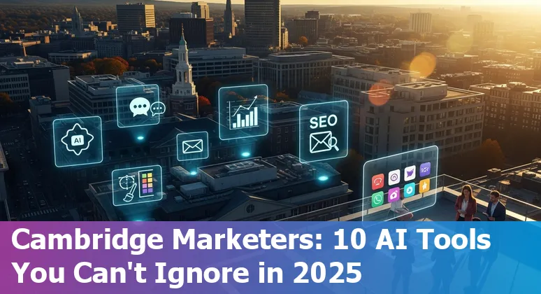 Collage of AI marketing tools logos over a Cambridge, Massachusetts skyline with marketing icons.