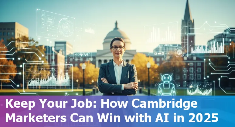 A Cambridge, Massachusetts marketer using AI tools on a laptop near MIT campus — 2025 Massachusetts job market context