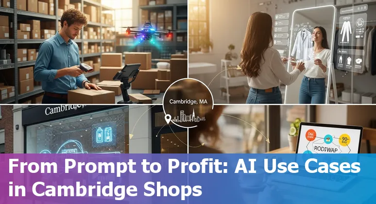 Shopper using smartphone with AI-powered product recommendations displayed in a Cambridge retail store