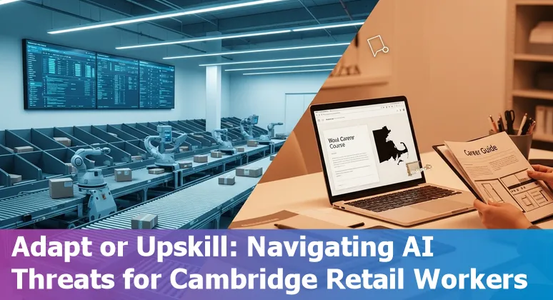 Cambridge retail workers learning new tech skills beside a store with self-checkout kiosks.