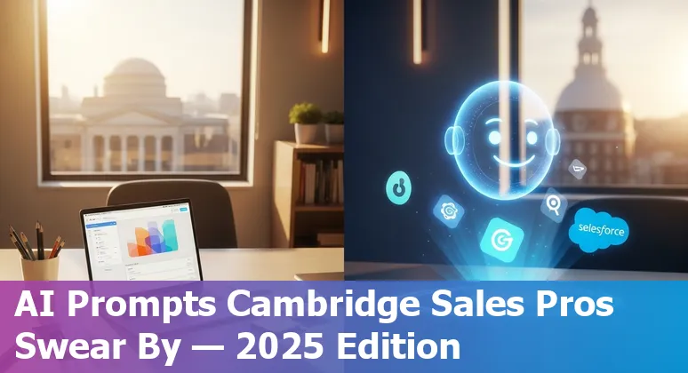 Sales professional in Cambridge using AI prompts on laptop with HubSpot logo and Cambridge skyline.