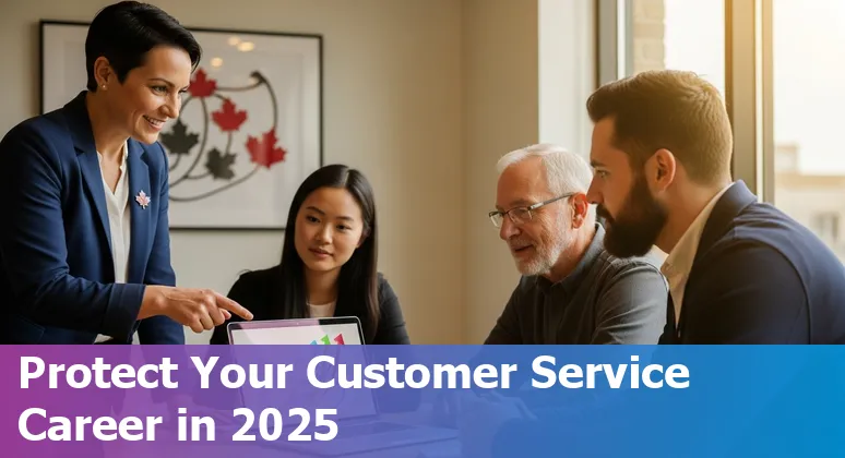 Customer service agent using AI tools in a Canadian contact centre, Canada.