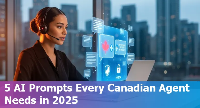 Customer service agent using bilingual AI prompts on a laptop with a Canadian flag and a privacy shield icon