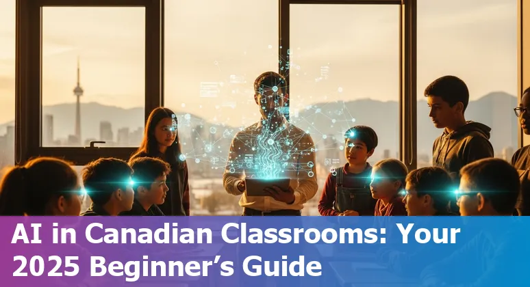 Graphic of AI in education with Canadian flag, students and icons representing policy and classrooms in Canada