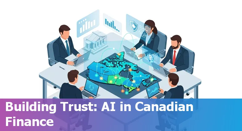 Illustration of AI in Canada's financial services sector showing Toronto skyline, data centre and AI icons in Canada