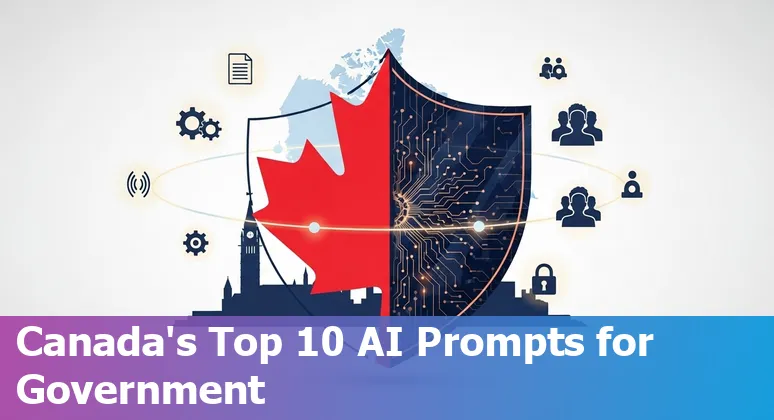Canadian government officials using AI tools, with icons for chatbots, analytics, security, and bilingual documents.