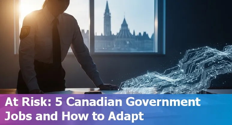 Canadian public servants at desks using AI tools with protective policies and training icons