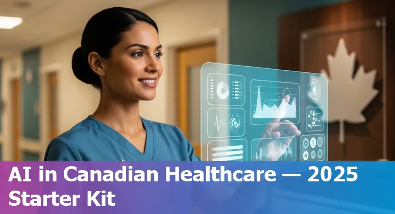 Graphic showing AI in healthcare with Canadian flag, hospital icons and data visuals representing AI in Canada 2025