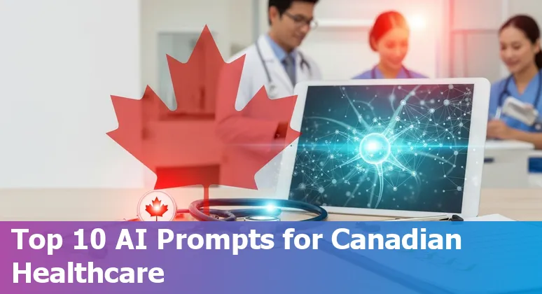 Illustration of AI assisting Canadian healthcare workers: charts, a stethoscope, and bilingual patient materials