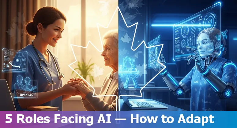 Canadian healthcare worker reviewing medical records with an AI interface overlay.