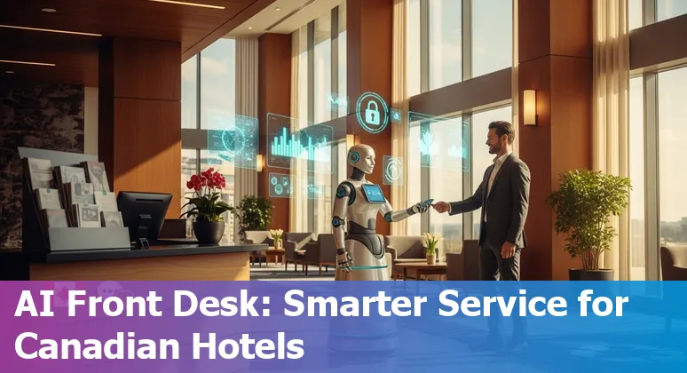 Hotel lobby with guests using AI-powered chatbot kiosks, staff tablets, and a robotic concierge in a Canadian hotel setting.