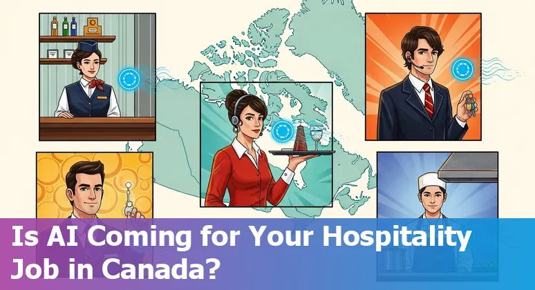 Hospitality staff interacting with AI-powered kiosks and a chatbot at a Canadian hotel front desk